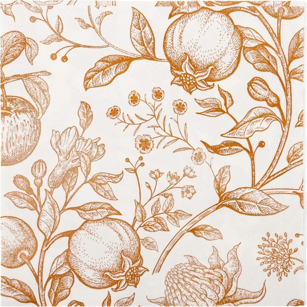 A detailed, vintage-style pattern featuring pomegranates, flowers, and leaves in sepia tones on a white background, perfect for inspiring pumpkin craft or seasonal decor projects.