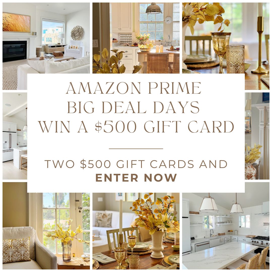 Collage of home interiors with text: "Amazon Prime Big Deal Days. Win a $500 Amazon gift card. Two $500 cards up for grabs. Enter now." Featuring living room, dining room, and kitchen scenes.