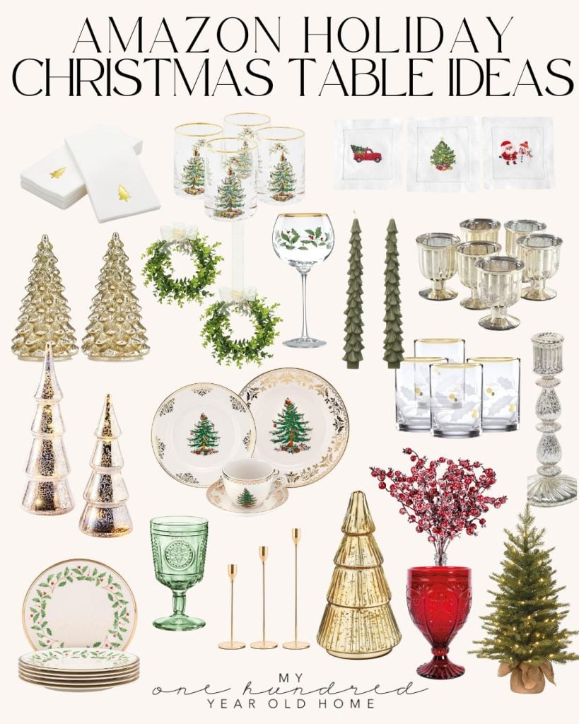 A collection of holiday-themed tableware, featuring glasses, plates, napkins, and decorative items like trees and wreaths adorned with a festive Christmas ribbon design motif.