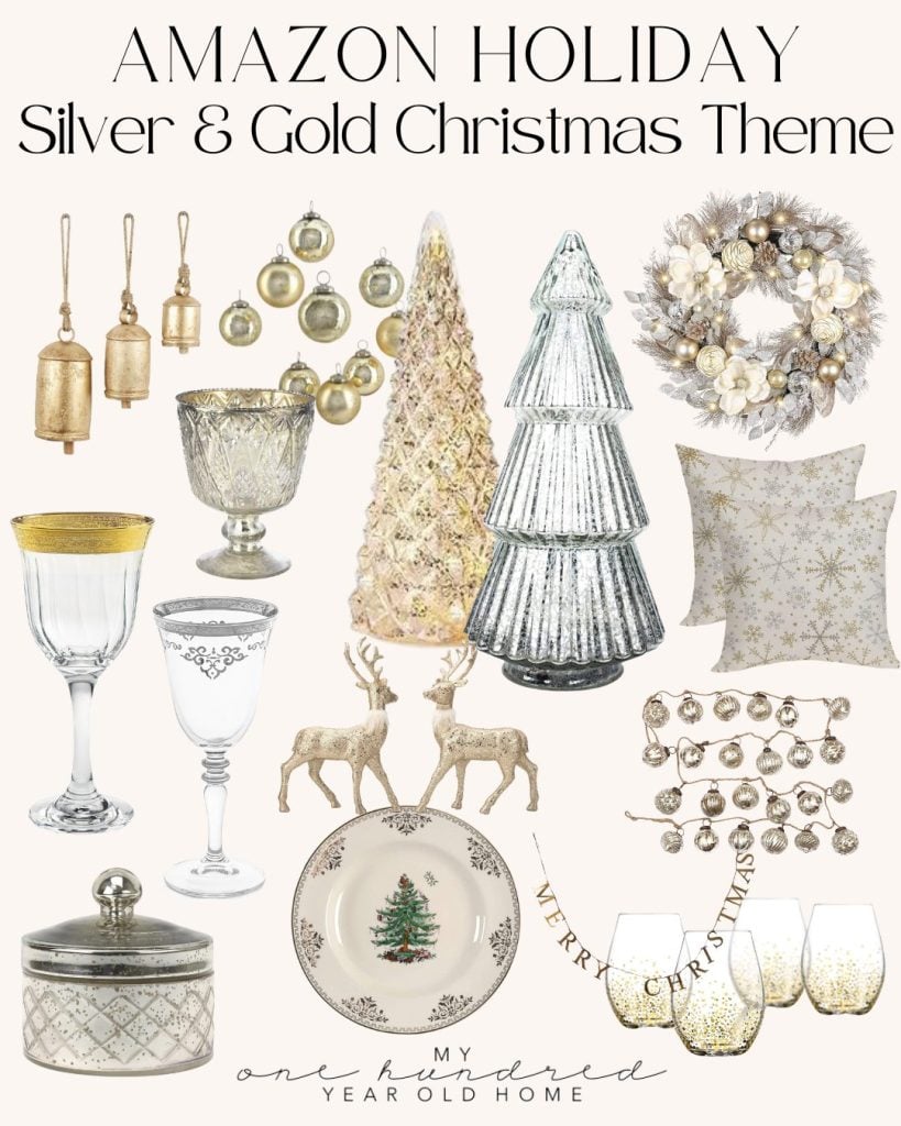 A selection of Christmas colors shines through this silver and gold-themed collage, featuring trees, wreaths, ornaments, glasses, and reindeer.