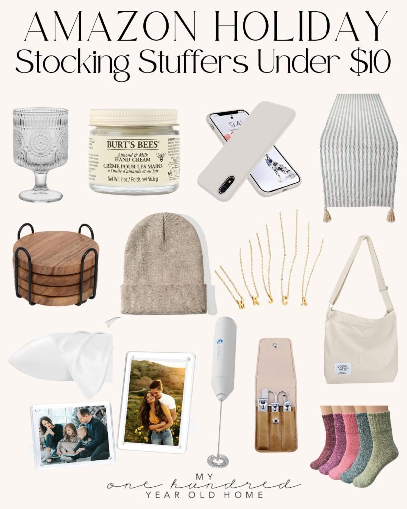 A festive collage of holiday stocking stuffers under $10 from Amazon, perfect for Christmas morning. Discover delightful items like candles, phone cases, lotion, jewelry, tote bags, socks, and a handy milk frother to brighten the holiday spirit.