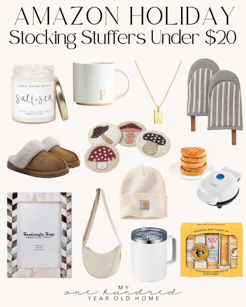 Collage of Christmas morning stocking stuffers under $20, featuring candles, mugs, slippers, necklaces, beanies, a mini waffle maker, photo frame, bag, and baking mitts.