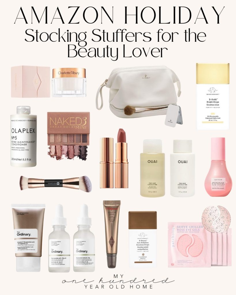 Collage of various beauty products, including makeup, skincare, and brushes against a beige background. Text reads "Amazon Holiday Stocking Stuffers for the Beauty Lover," perfect for adding magic to Christmas morning.