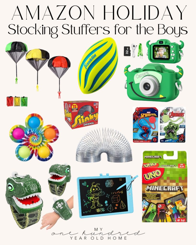 Collage of Amazon holiday stocking stuffers for boys, perfect for Christmas morning, featuring a camera, parachute toys, Slinky, spiky ball, Spider-Man figure, dinosaur gloves, drawing board, and Minecraft UNO.