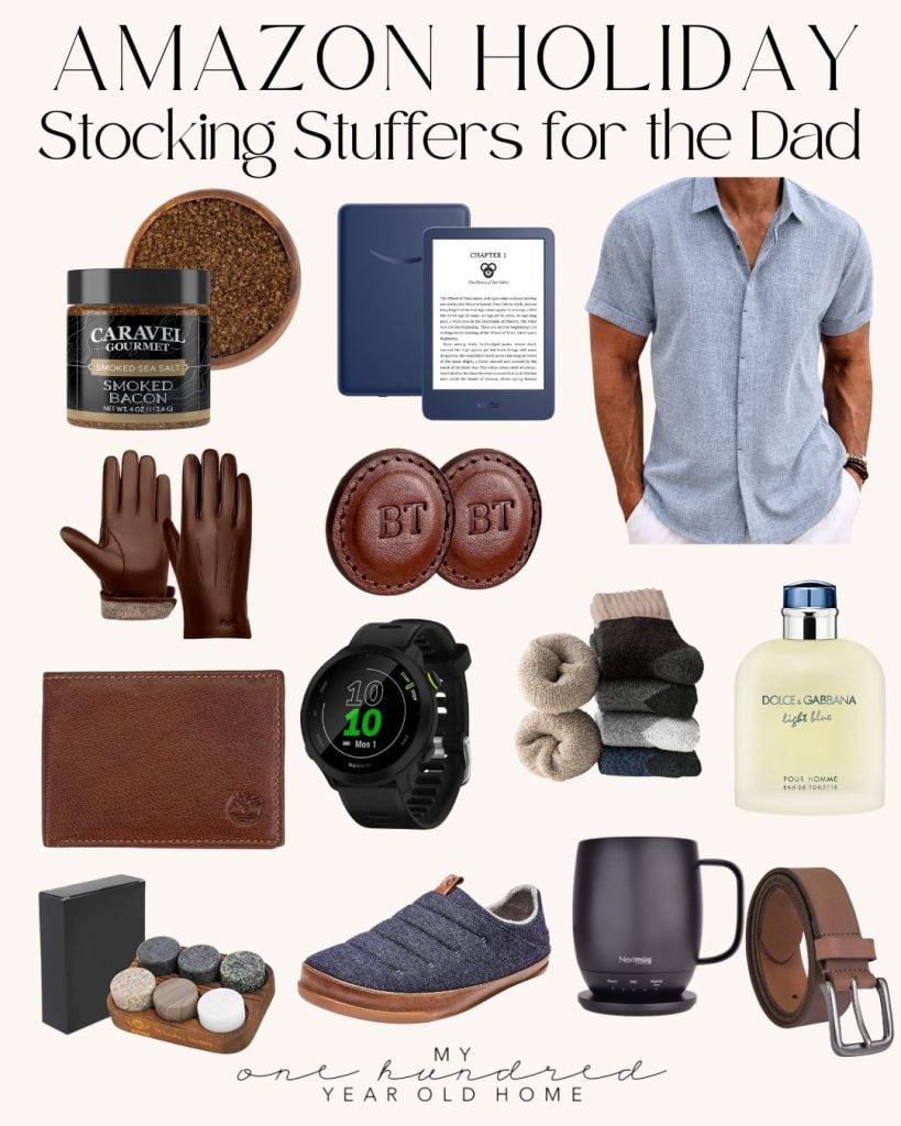 A collage of holiday gift ideas for dads, perfect for Christmas morning, featuring books, shirts, gloves, soaps, fragrances, tech gadgets, footwear, mugs, and socks.