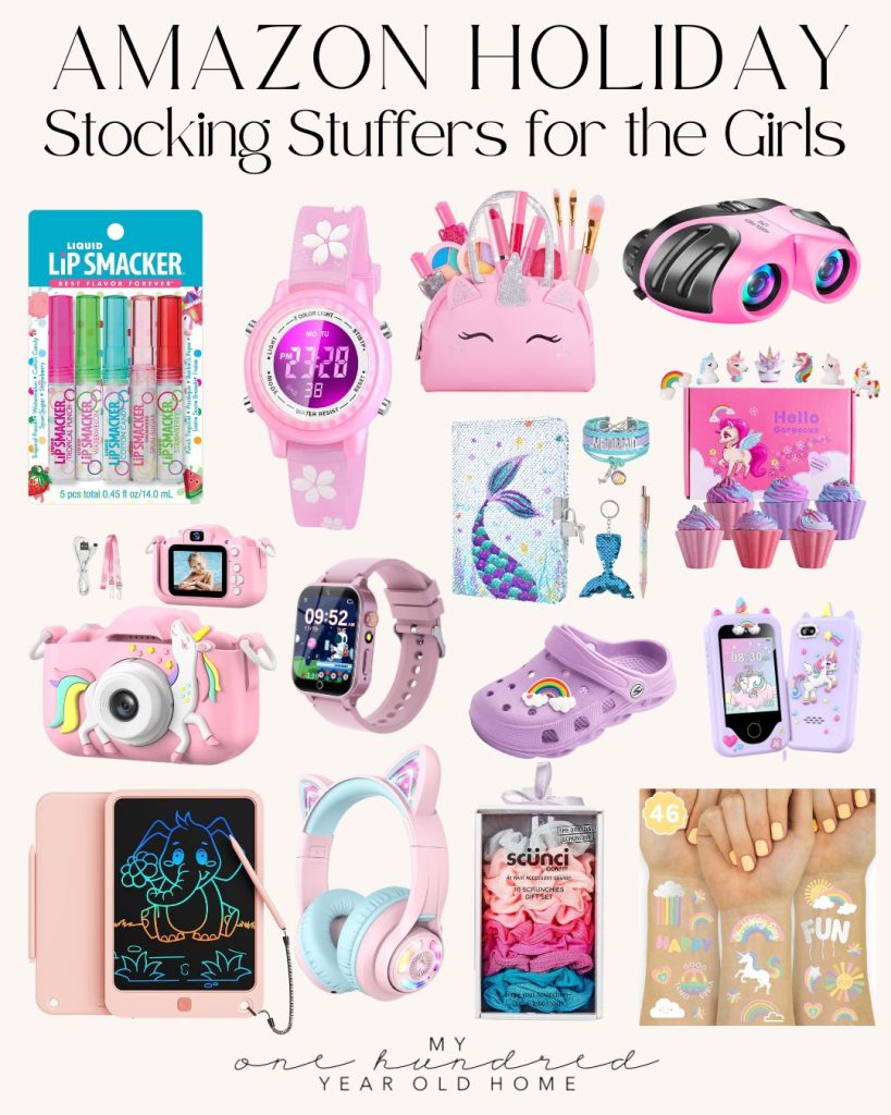 A collection of colorful Amazon holiday stocking stuffers for girls, perfect for Christmas morning, featuring toys, accessories, and gadgets with playful designs and pastel colors.