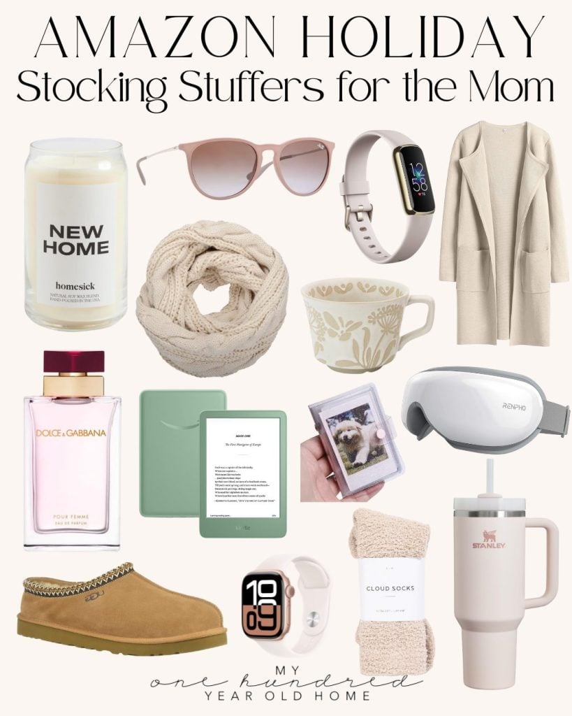 Collage of holiday stocking stuffer ideas for moms from Amazon, perfect for Christmas morning, featuring perfume, sunglasses, a robe, and more.