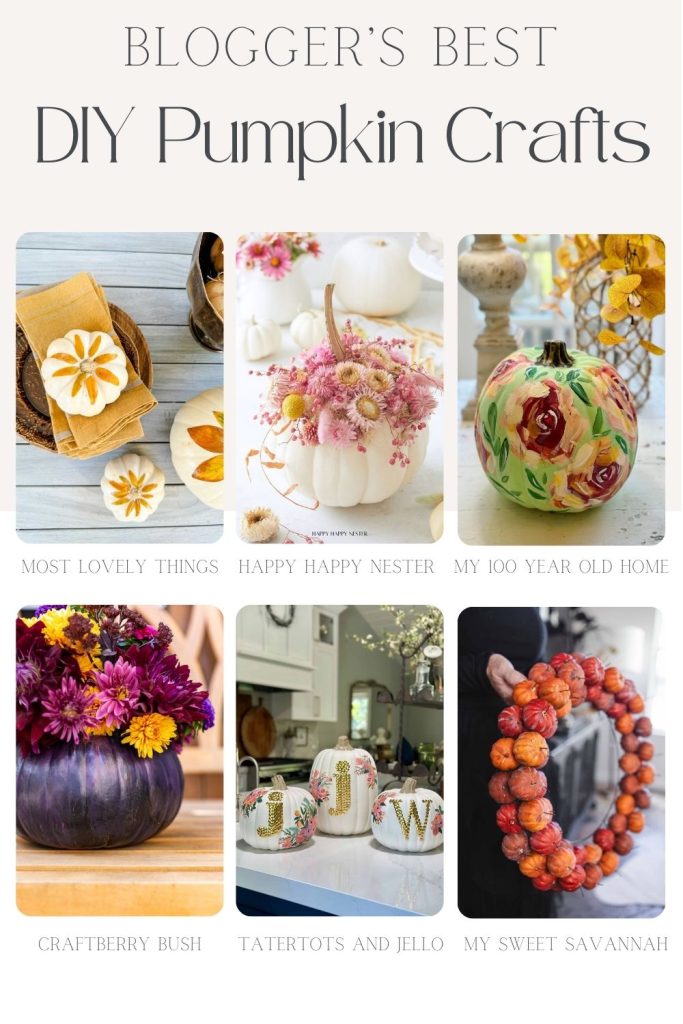 Collage of six DIY pumpkin crafts, each uniquely decorated with flowers, vibrant paint, or charming embellishments.