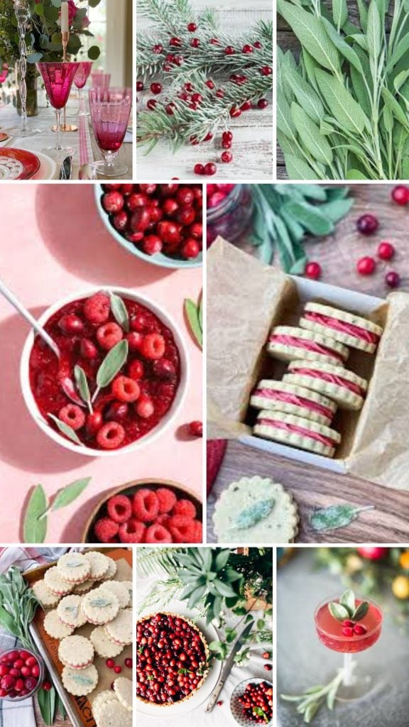 A collage of holiday-themed items, including cranberries, raspberries, cookies, and festive table settings with red and green accents.