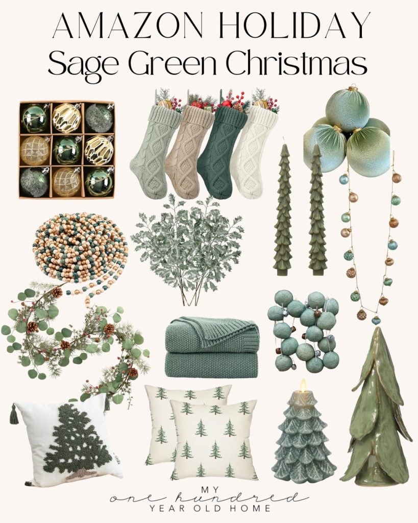 Collage of sage green Christmas decor, featuring the classic Christmas colors in stockings, ornaments, wreaths, garlands, trees, and pillows.