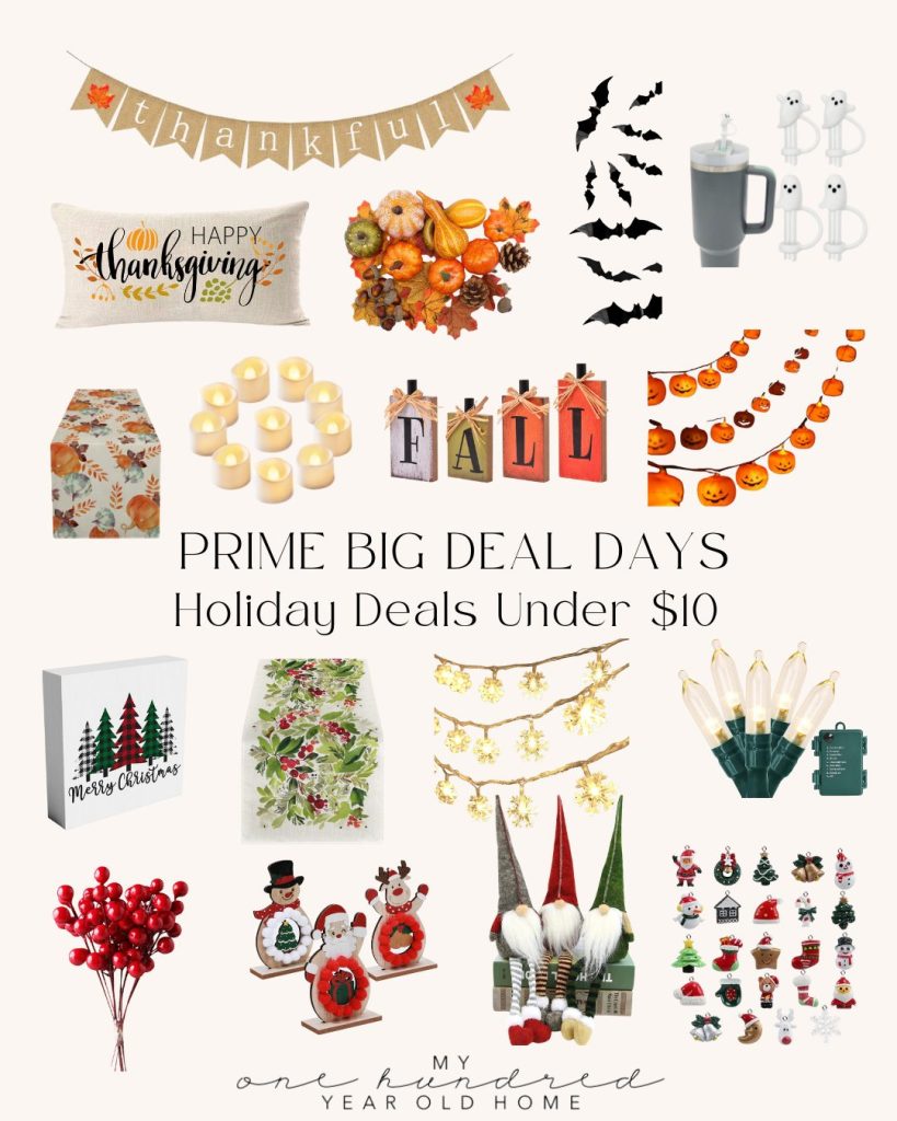 Collage of holiday-themed items under $10, including decorations for Thanksgiving, Halloween, and Christmas. Discover these festive finds during "PRIME BIG DEAL DAYS Holiday Deals Under $10" exclusively on Amazon Prime.