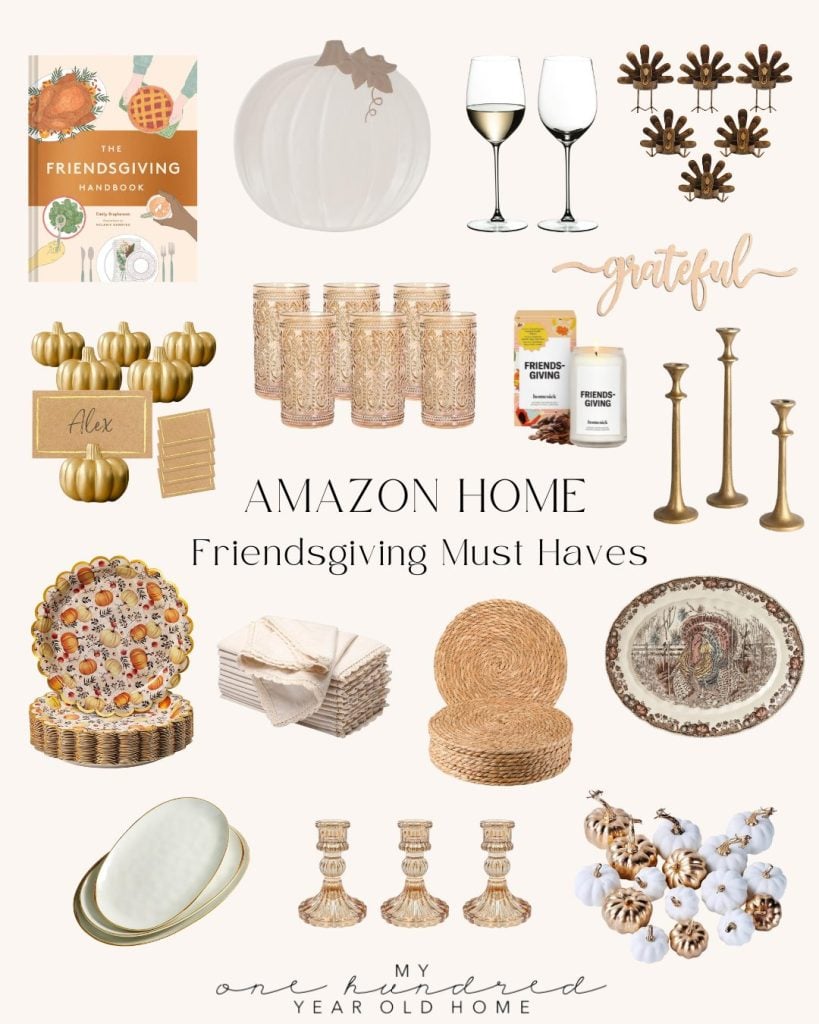 Collage of Friendsgiving-themed home decor and tableware items, featuring Thanksgiving plates, glasses, candles, pumpkins, a decorative book, and cotton stems. The image is topped with "Amazon Home Friendsgiving Must Haves" text.