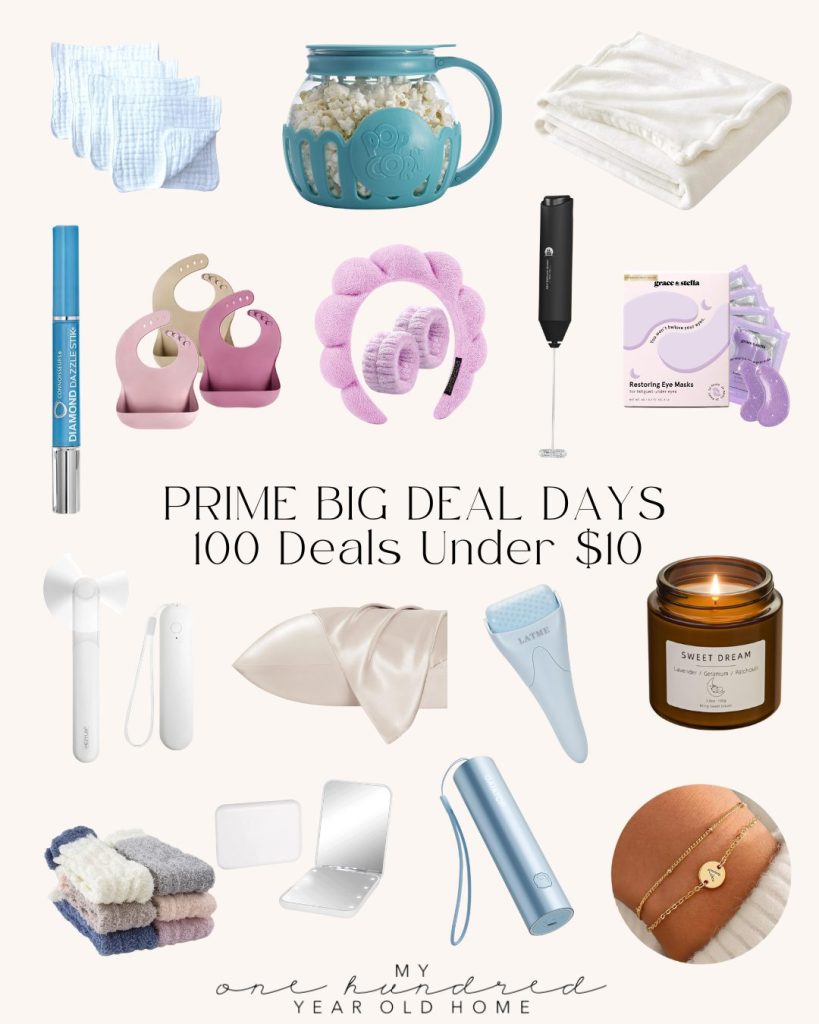 A collage of various small items, such as a candle, mini fan, milk frother, fleece blanket, and skincare tools, titled "Amazon Prime Big Deal Days: 100 Deals Under $10.