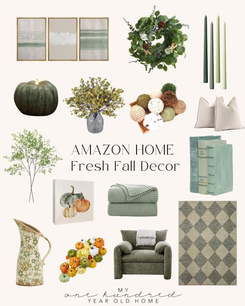 A collage of fall home decor items, including a green pumpkin, plants, candles, pillows, books, a wreath, and a cozy chair, with the text "Amazon Home Fresh Fall Decor" at the center.