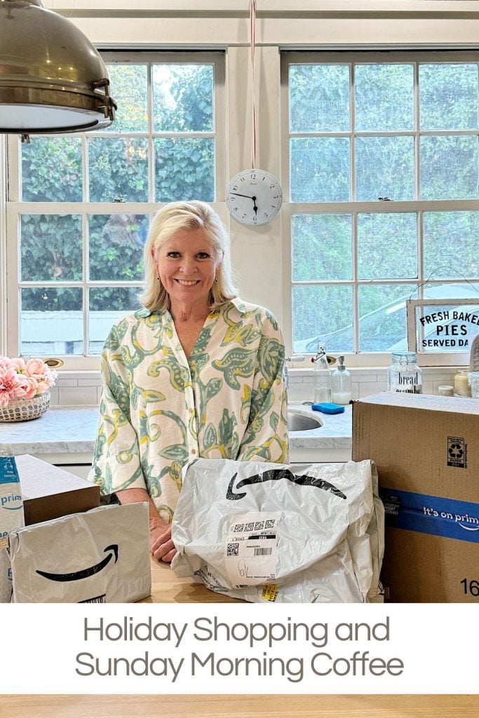 A person standing in a kitchen surrounded by opened Amazon packages, with text saying "Holiday Shopping and Sunday Morning Coffee.