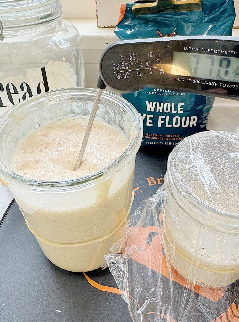 Two glass jars covered with plastic wrap contain bubbly sourdough starter, with a digital thermometer monitoring the temperature.