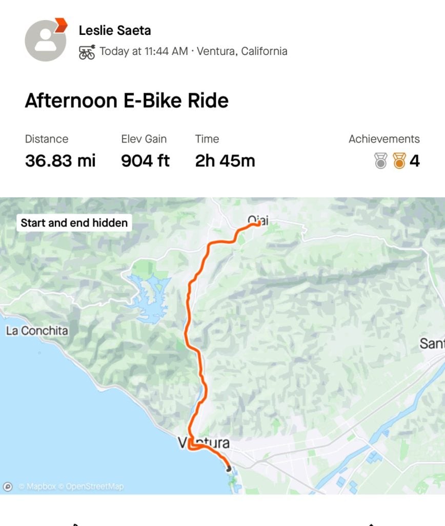 Map displaying an e-bike route from Ventura to Ojai, California, covering 36.83 miles with an elevation gain of 904 feet. The ride took 2 hours and 45 minutes, earning 8 achievements.