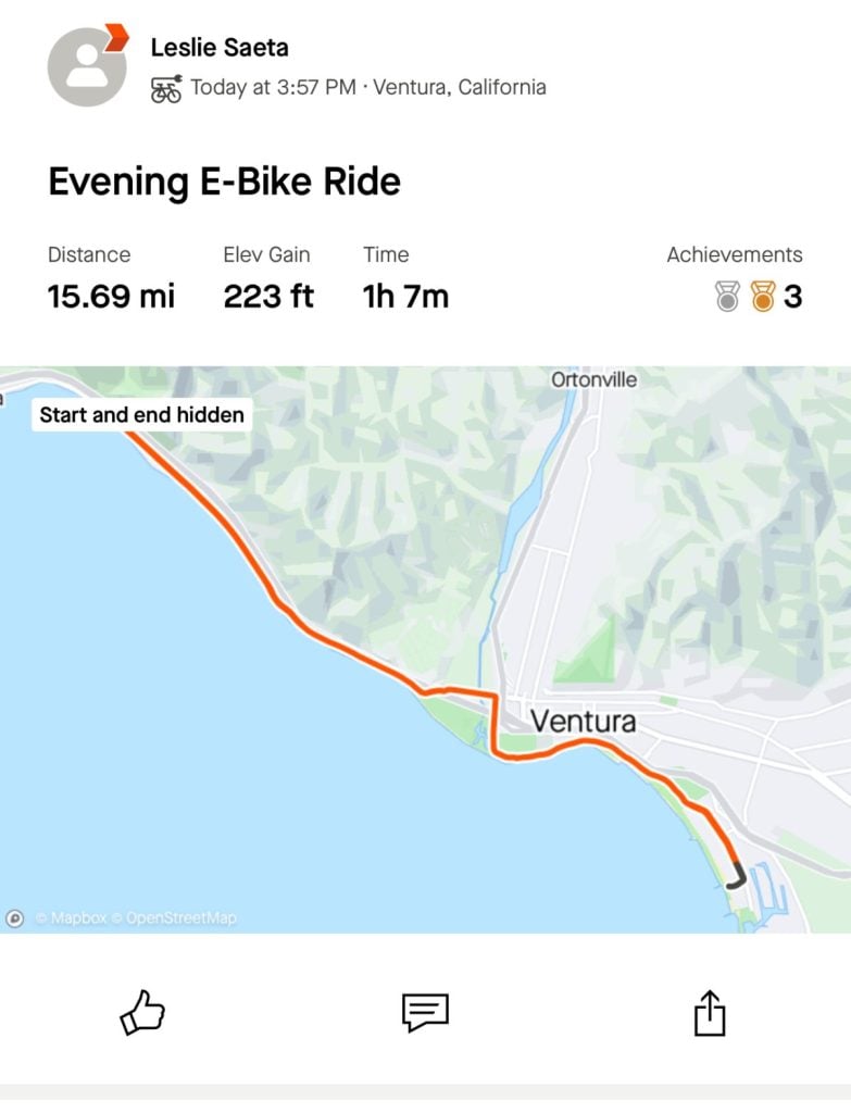 Map showing an e-bike ride in Ventura, California, covering 15.69 miles with 223 ft elevation gain in 1 hour 7 minutes. Start and end locations are hidden.