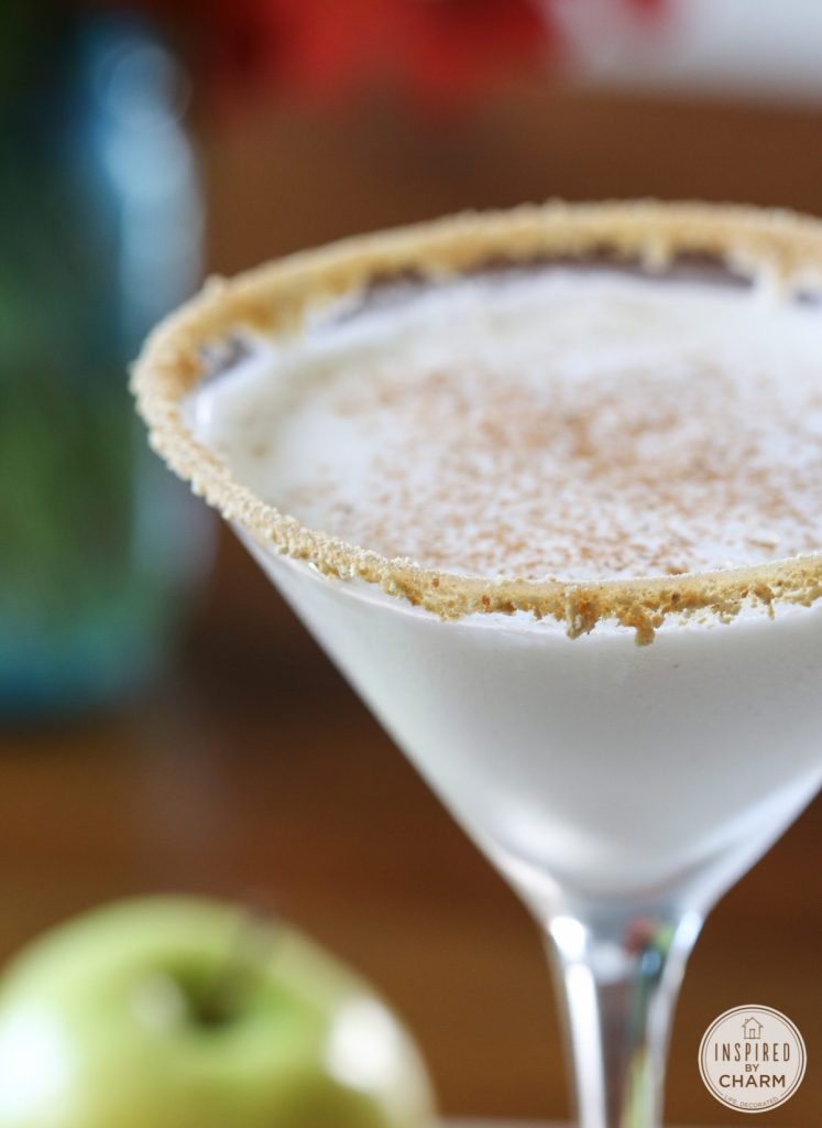 A martini glass filled with a creamy drink, topped with cinnamon and a graham cracker rim.