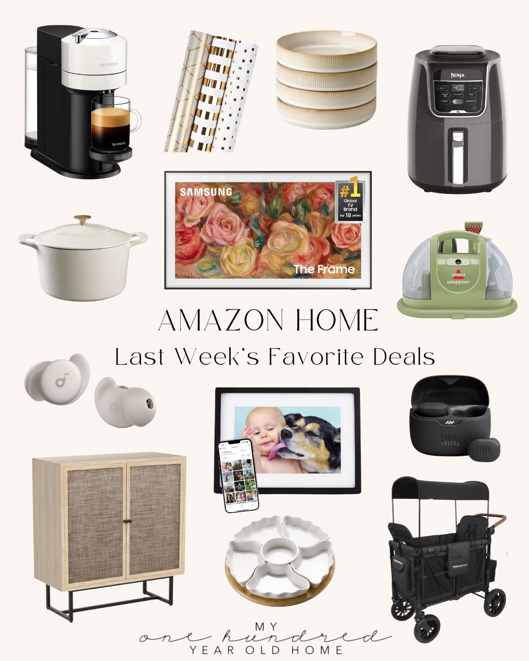 Collage of home items including a coffee maker, dishes, air fryer, cookware, frame TV, headphones, cabinet, photo frame, and wagon. Text reads "Amazon Home Last Week's Favorite Deals.