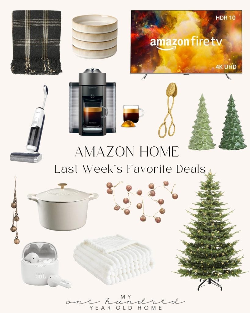 Collage of popular Amazon deals: blanket, bowls, TV, vacuum, coffee maker, utensils, tree ornaments, Dutch oven, white blanket, earbuds, and artificial tree.