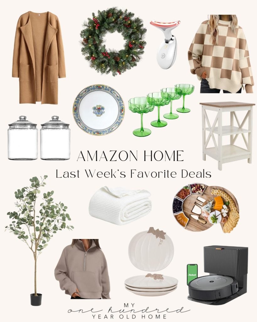 Collage of various home items including clothing, a wreath, dinnerware, glasses, a cart, storage jars, a tree, a blanket, a decorative plate, and a record player. Text reads "Amazon Home Favorite Deals.