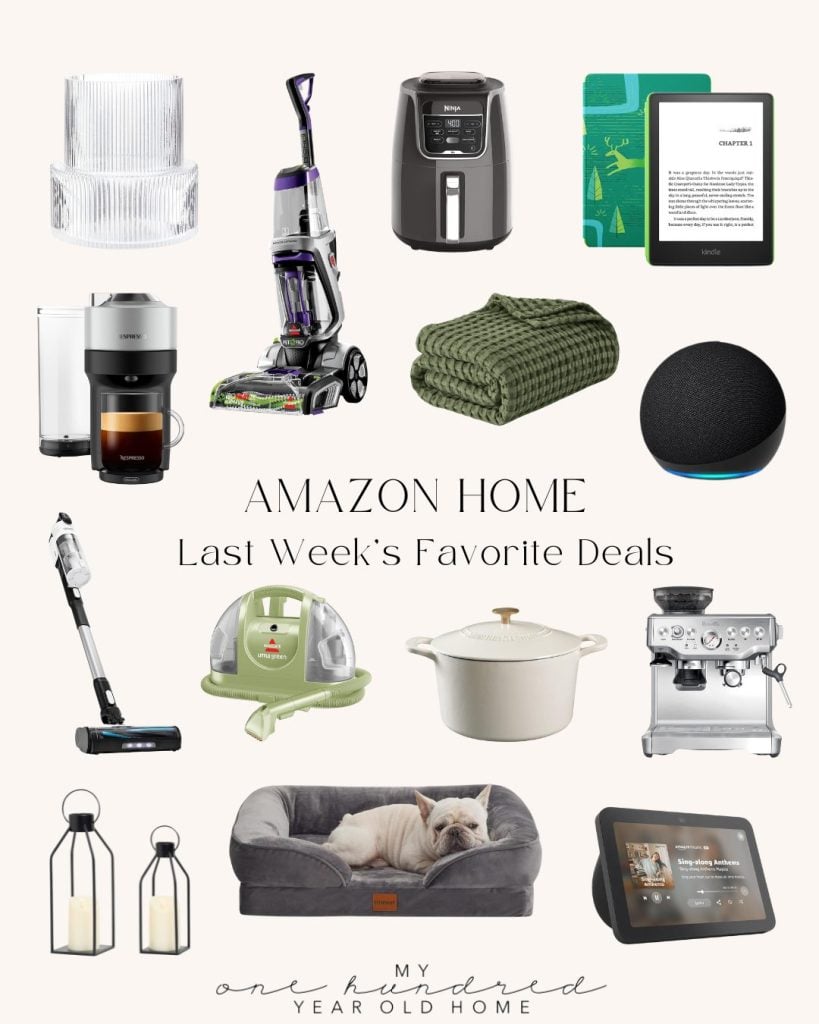 A collage of various home appliances and decor items including a vacuum, air fryer, coffee machine, le creuset pot, dog bed, smart speaker, and e-reader. Text reads "Amazon Home Last Week's Favorite Deals".