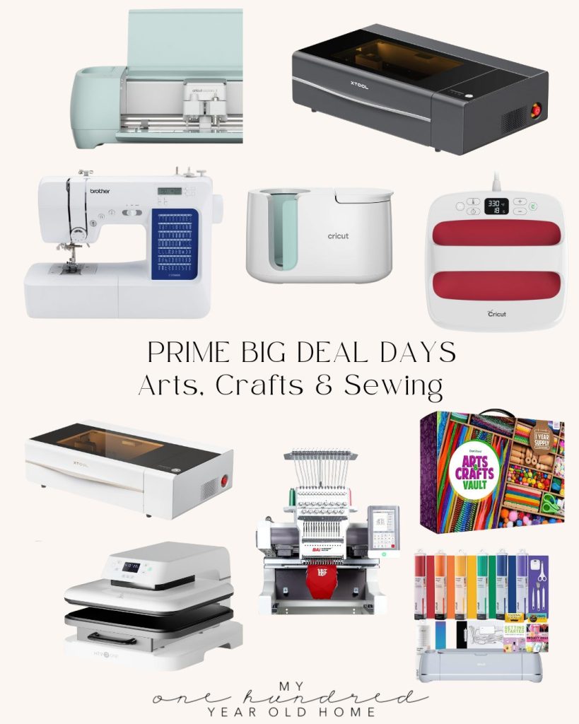 A vibrant collage showcases various arts, crafts, and sewing machines, including Cricut devices and embroidery equipment. Text reads "Prime Big Deal Days Arts, Crafts & Sewing," highlighting exclusive Amazon Prime offers.