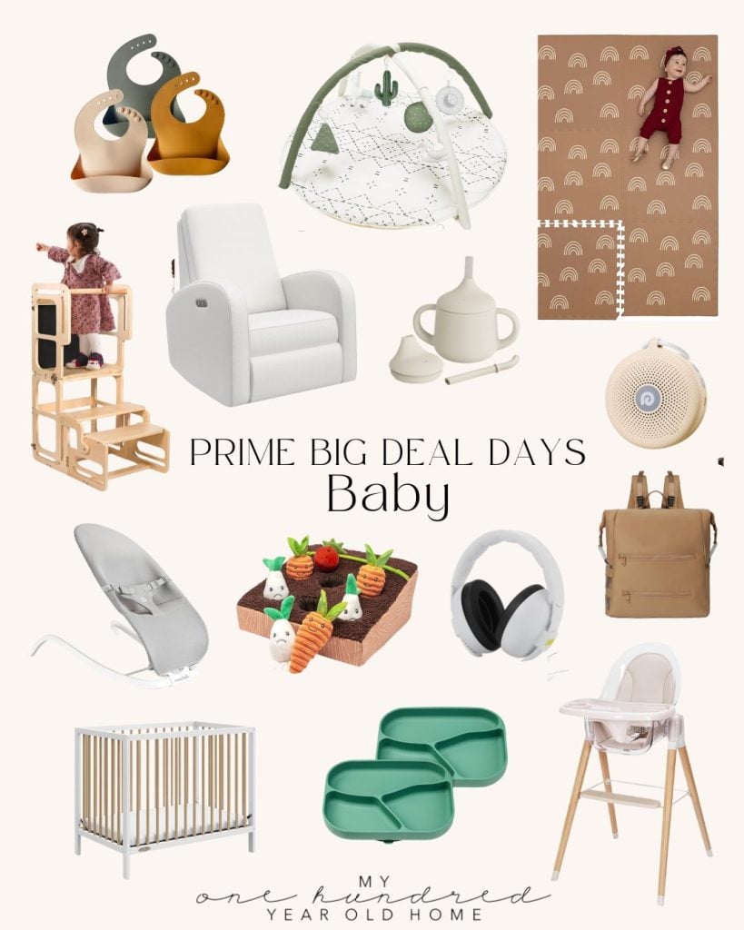 Collage of baby items including a play gym, dining sets, a high chair, a crib, a backpack, headphones, step stool, toys, and a rocking chair. Text reads "Prime Big Deal Days Baby" showcasing Amazon Prime's exclusive offers.