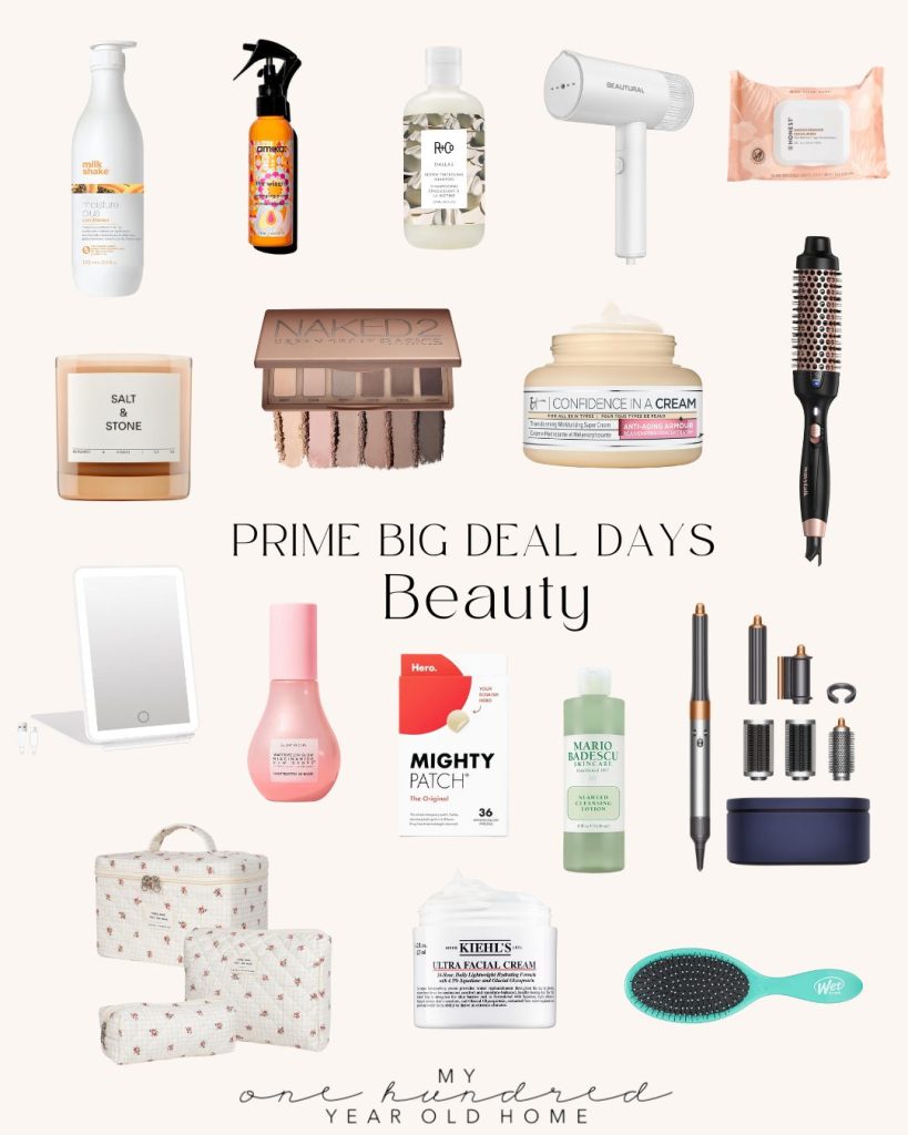 Collage featuring beauty products like skincare, haircare tools, and cosmetic items, all labeled "Prime Big Deal Days Beauty" on Amazon Prime.