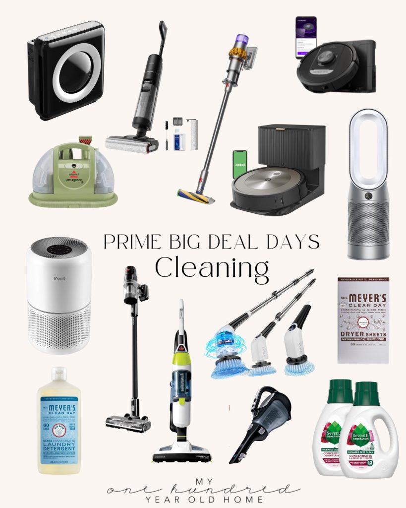 A collage of Amazon Prime's cleaning essentials features vacuums, air purifiers, scrub brushes, laundry detergent, and dryer sheets. Text reads "Prime Big Deal Days Cleaning.