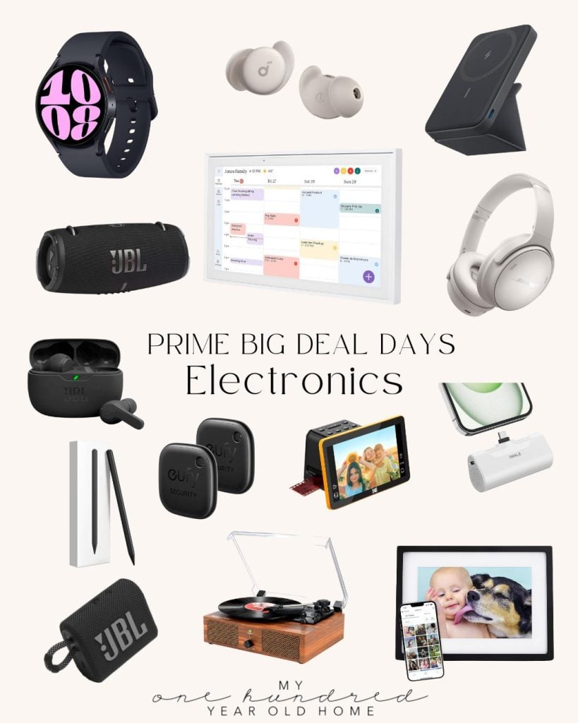 A collage of various electronic gadgets, including smartwatches, speakers, earbuds, headphones, smart displays, and a record player, labeled "Prime Big Deal Days Electronics," showcases the best deals available exclusively for Amazon Prime members.