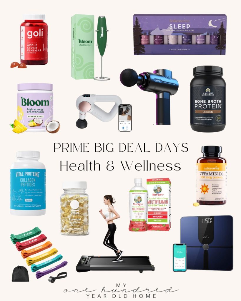 A collage of various health and wellness products, including supplements, a massage gun, treadmill, resistance bands, and a body scale available on Amazon Prime.