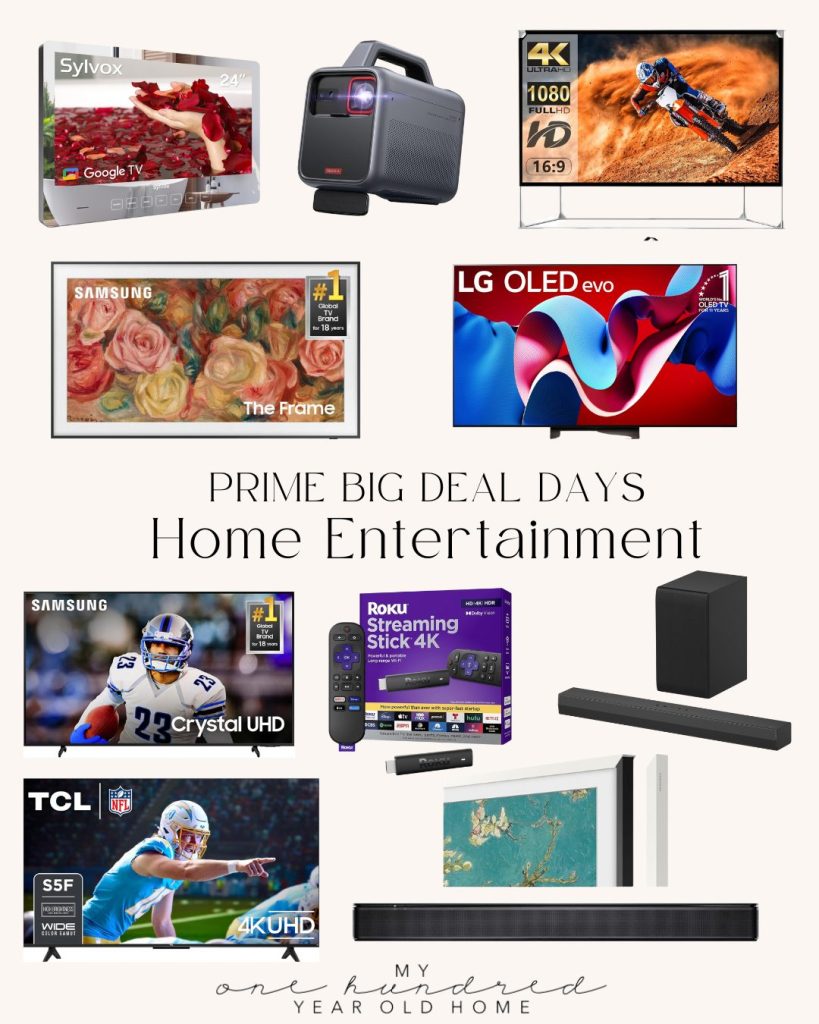 Collage of various home entertainment products, including TVs, a projector, speaker systems, and a streaming device, with the caption "Prime Big Deal Days Home Entertainment" brought to you by Amazon Prime.