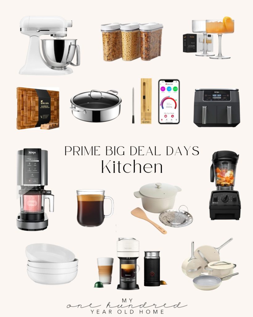 Collage of various kitchen appliances and tools, including a mixer, blender, espresso maker, air fryer, cookware, and storage containers with the text "Amazon Prime Big Deal Days Kitchen.