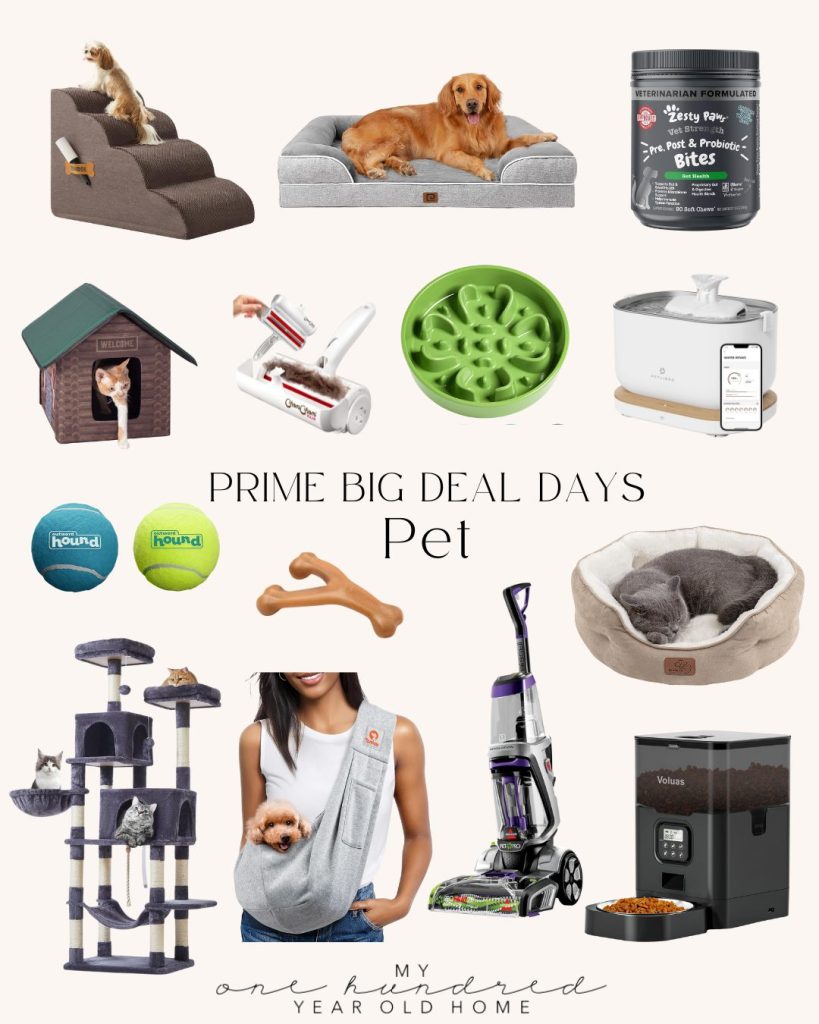 A vibrant collage of pet essentials—beds, toys, feeders, cleaners, and pet carriers—on a pristine white background, showcasing the variety available with Amazon Prime.