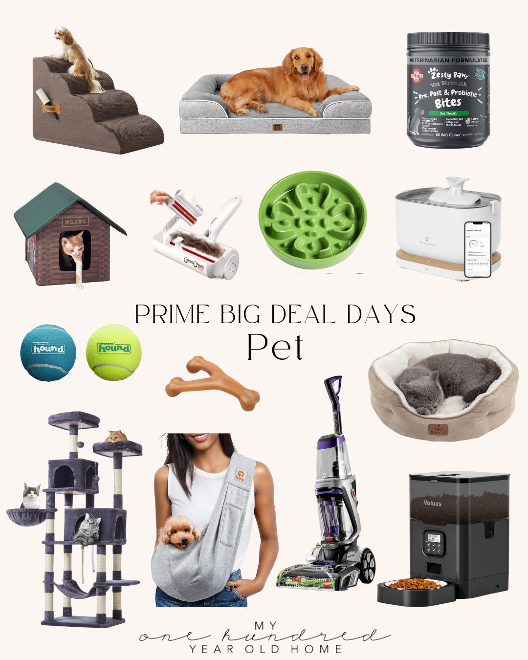 A vibrant collage of pet essentials&mdash;beds, toys, feeders, cleaners, and pet carriers&mdash;on a pristine white background, showcasing the variety available with Amazon Prime.