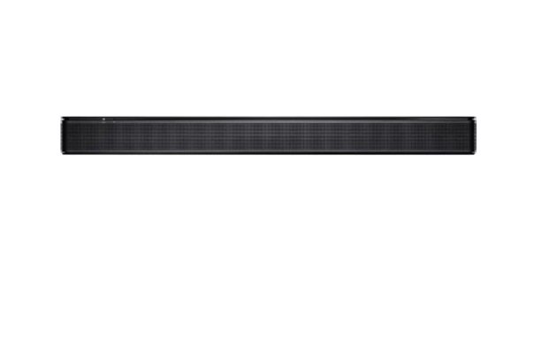 A sleek black rectangular soundbar with a mesh front grille, reminiscent of the high-tech designs seen on Amazon Prime, stands elegantly against a white background.