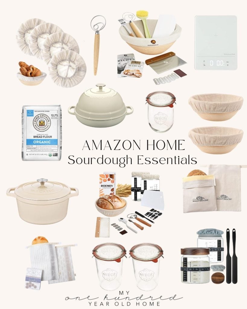 Collage of various sourdough baking essentials, including jars, bowls, a scale, and baking tools. Text reads: "Amazon Home Sourdough Essentials.