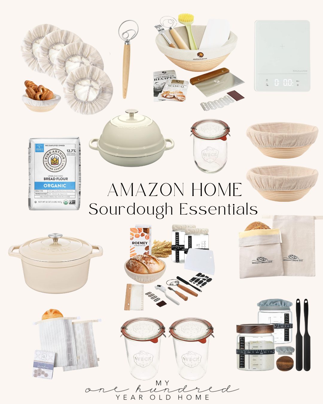 Collage of various sourdough baking essentials, including jars, bowls, a scale, and baking tools. Text reads: "Amazon Home Sourdough Essentials.