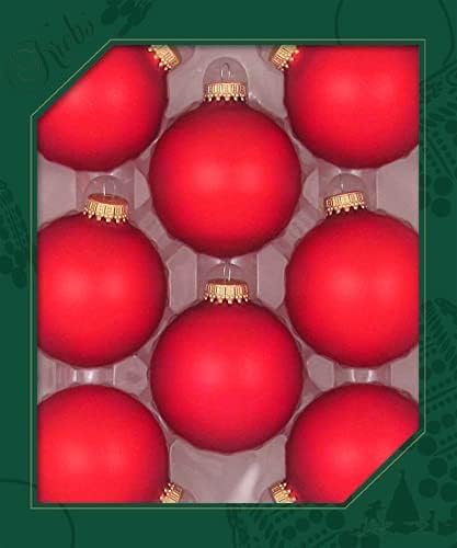 A set of nine red Christmas baubles in festive Christmas colors, neatly arranged in a grid pattern within a plastic container with a green border.