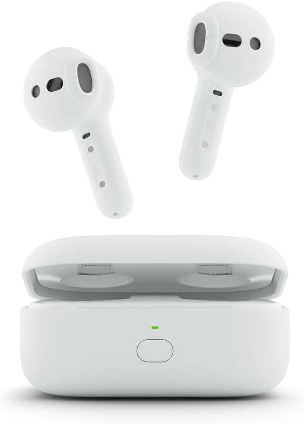A pair of white wireless earbuds are shown above an open charging case with a green indicator light, capturing the excitement of Christmas Morning discoveries.