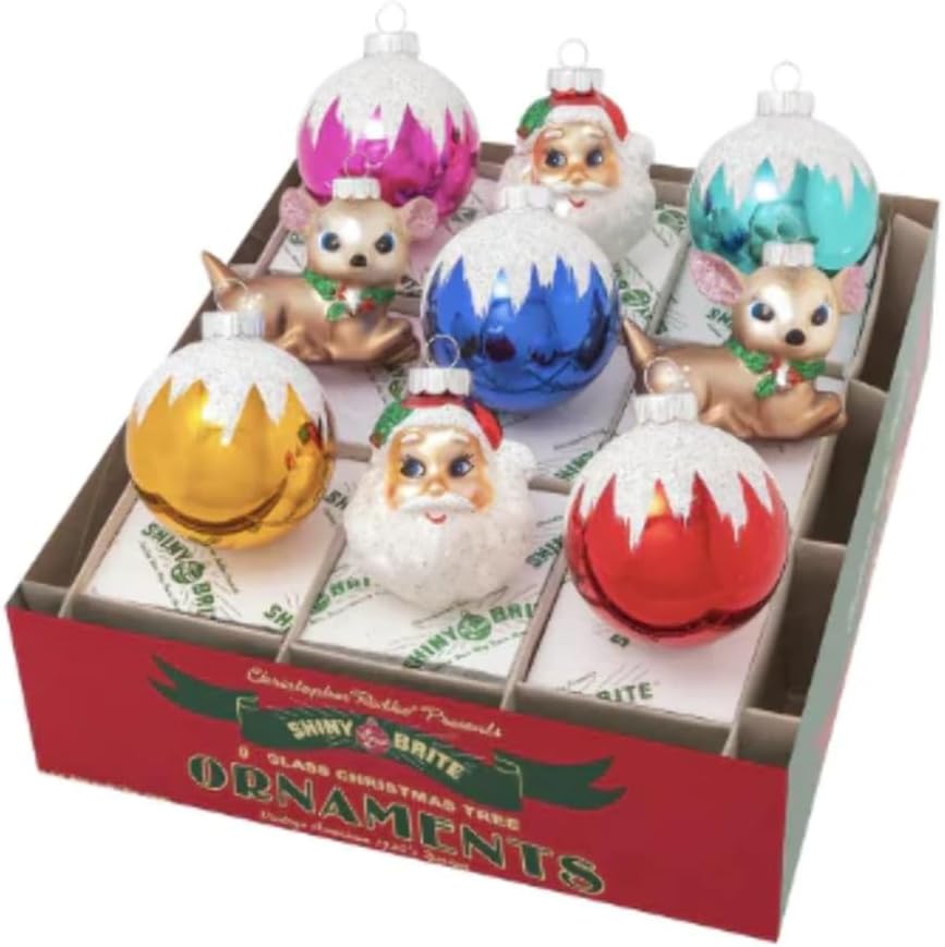 A box of nine Vintage Christmas Ornaments, featuring Santa heads, reindeer, and colorful baubles in a charmingly retro style, all arranged in a festive red and green box labeled "Ornaments.