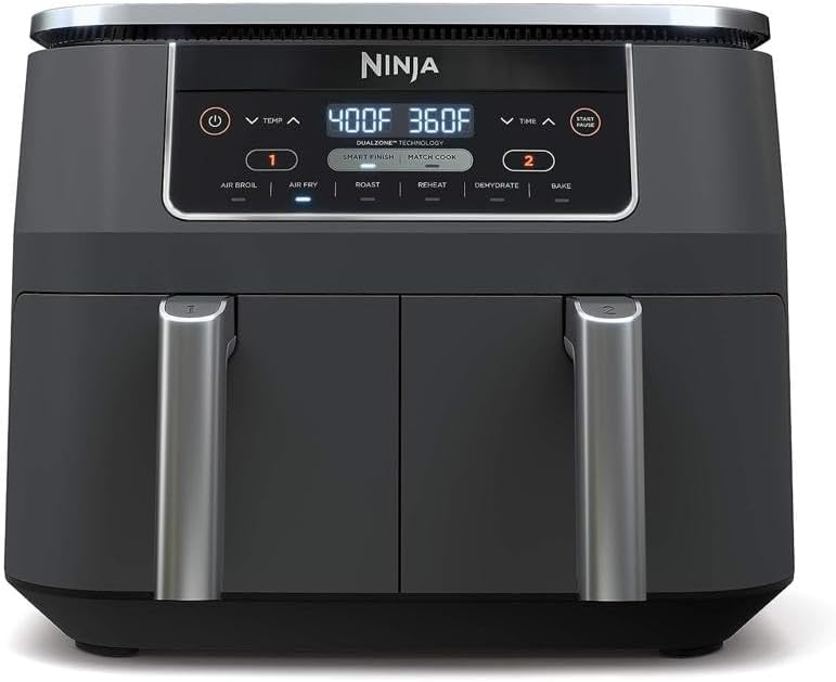 Front view of a Ninja dual-basket air fryer with digital display showing 400°F and 360°F, various cooking mode buttons, and two pull-out compartments—perfect for Black Friday kitchen upgrades.