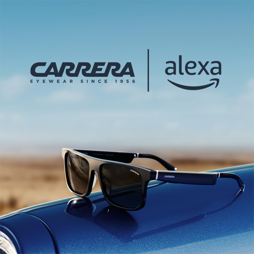 Sunglasses rest on a car hood against a desert backdrop with "Carrera Eyewear since 1956" and "Alexa" logos above, hinting at exclusive Black Friday offers.