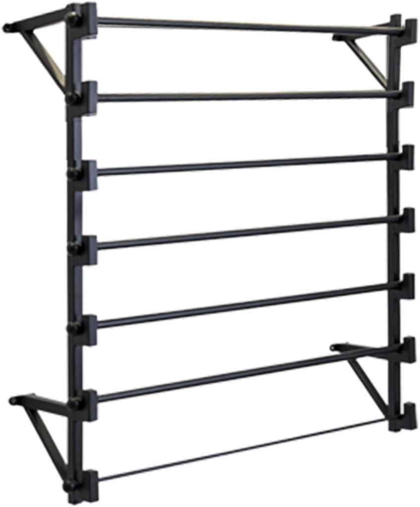 A black metal wall-mounted rack with six horizontal bars offers a sleek solution for organizing gift wrapping essentials or elegant display.