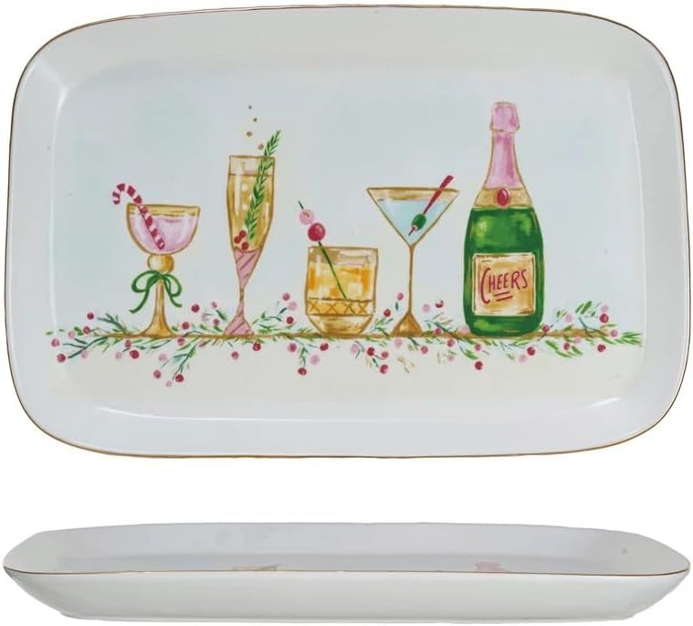 Rectangular platter with pink Christmas accents, featuring illustrations of festive drinks and a champagne bottle labeled "Cheers," decorated with greenery and berries.