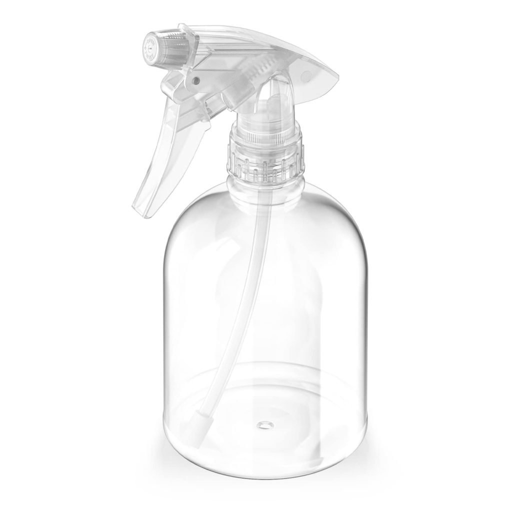 Clear plastic spray bottle with a trigger nozzle and cylindrical shape, standing upright against a plain background.