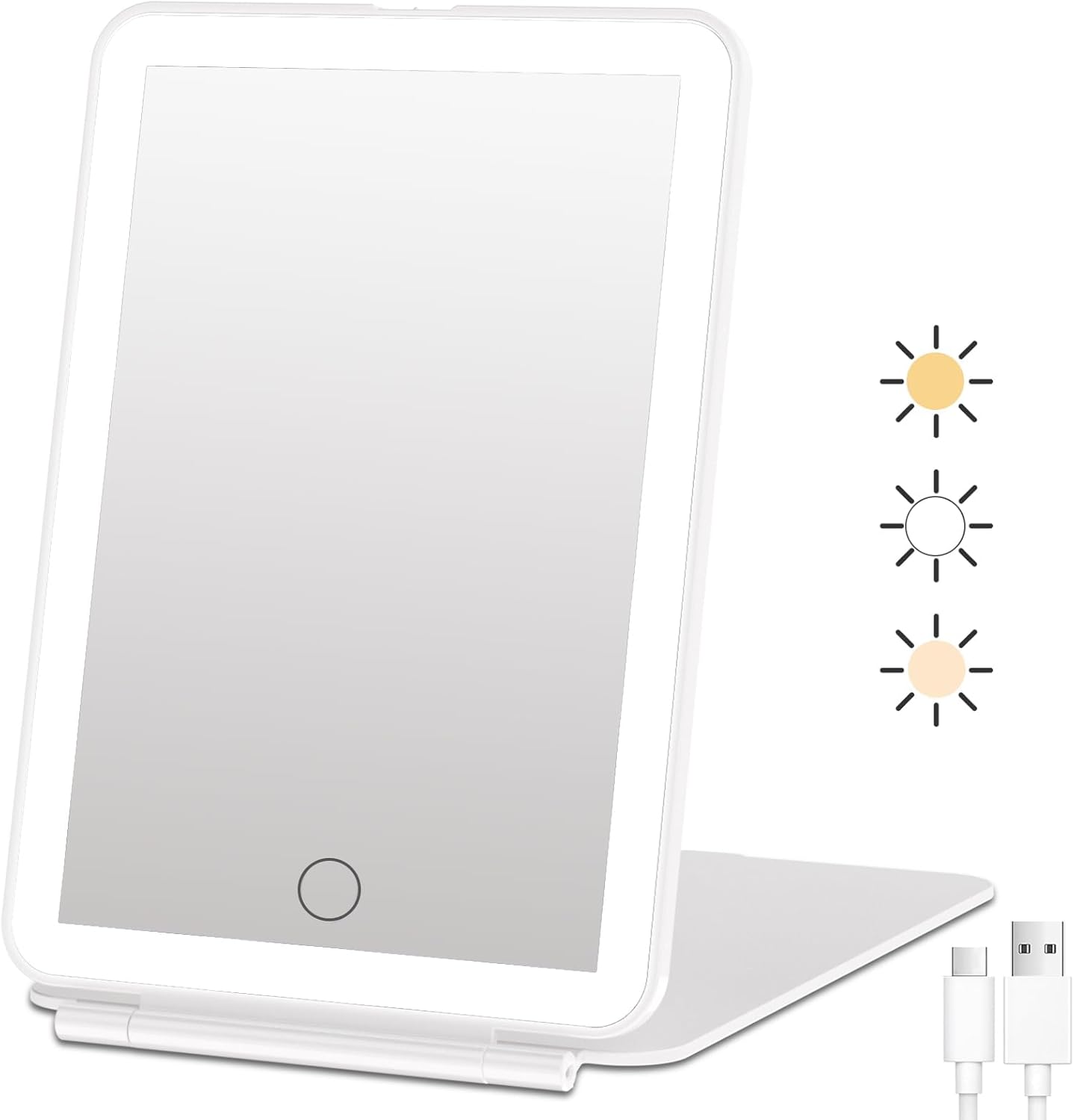 A rectangular lighted makeup mirror with three brightness levels is shown, accompanied by a USB charging cable. Perfect for Black Friday shopping, this elegant piece ensures flawless lighting for your beauty routine.