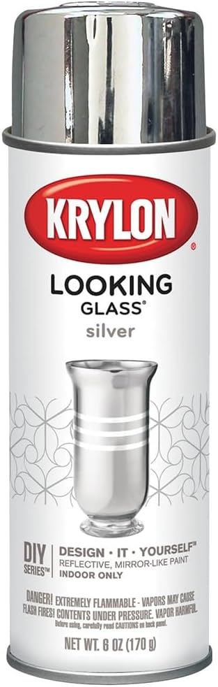 Can of Krylon Looking Glass silver spray paint, 6 oz, with reflective and mirror-like finish.